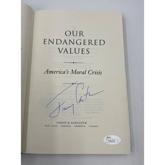 Jimmy Carter Signed Book Our Endangered Values Full Name Rare JSA COA - Picture 3 of 9